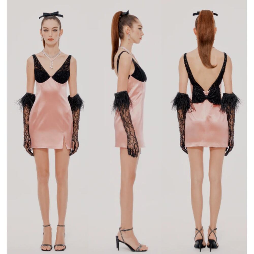 NWT Miss Rosier Satin Sleeveless Mini Dress with Bow Detail Pink/Black Women's S